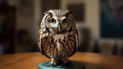Owl sitting on a pedestal in a room with a blurred background. Education Concept. Background with a copy space.