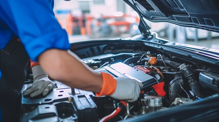 Fototapeta premium mechanic changing the engine of a car