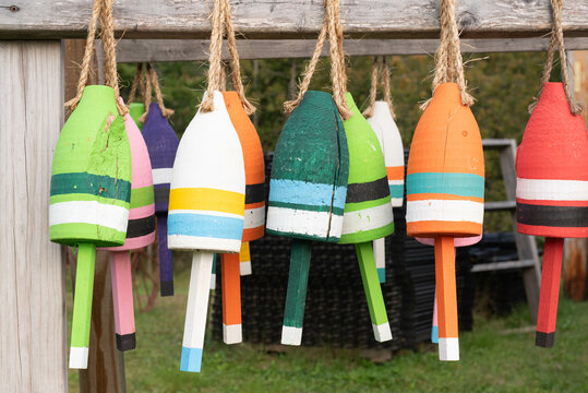 Multi-colored lobster bouys.