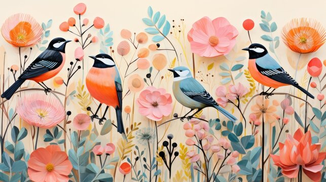  a painting of three birds sitting on a branch surrounded by flowers.  generative ai