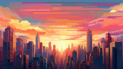 Cityscape at Dusk: A Vibrant Sunset View of the Urban Skyline
