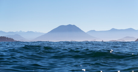 Pacific Ocean panorama landscape on whale watching tour, Tofino, Vancouver Island, British...