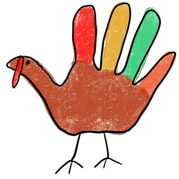 Isolated child like hand drawn handprint festive turkey