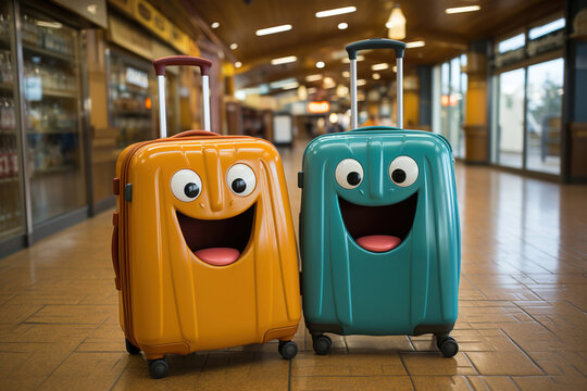 A couple of suitcases that have faces on them