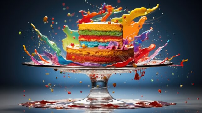  a multicolored cake on a cake plate with a splash of paint.  generative ai