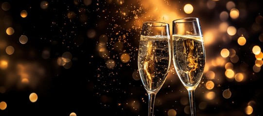 Champagne glasses toasting holidays party sparky particles - obrazy, fototapety, plakaty
