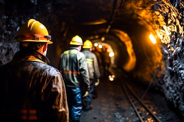 group mining workers walks through tunnel coal mine