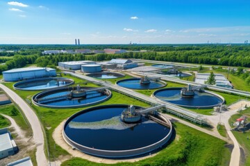An aerial view of a water treatment plant, showcasing the infrastructure and processes involved in purifying water - obrazy, fototapety, plakaty