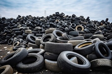 Obraz premium A stack of discarded tires at a landfill during sunrise