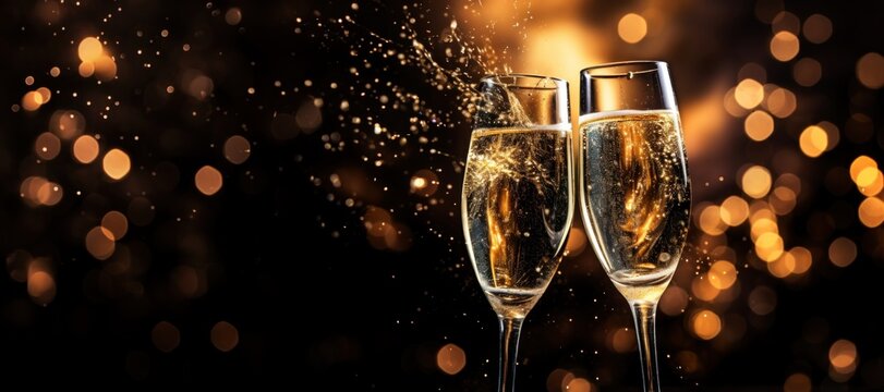 Champagne glasses toasting holidays party sparky particles