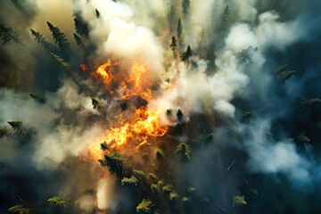 very powerful forest fire, burning and deciduous coniferous forest, aerial view