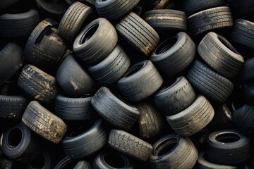A stack of car tires in a recycling yard - obrazy, fototapety, plakaty