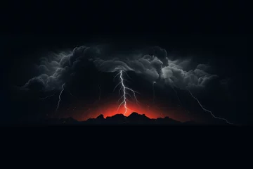 Fototapeten Dynamic illustration of thunder striking a mountain peak, surrounded by swirling clouds.   © Kishore Newton