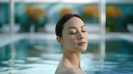 Young Asian woman in pool, eyes closed, experiencing tranquility. Her relaxed demeanor suggests meditation or unwinding. The serene pool area is adorned with potted plants.