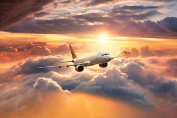 Fototapeta na wymiar passenger plane flies above the clouds, against the background of the morning dawn