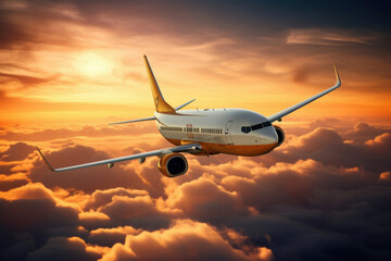 Fototapeta na wymiar Landscape with aircraft is flying above clouds in orange sky. Travel background with passenger plane.