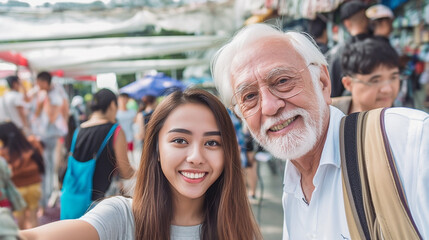 Fototapeta premium Diverse couple smiling in crowd, man with backpack, woman with cell phone makes a selfie photo