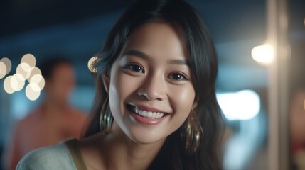 Happy Asian woman in a dimly lit room, likely a hotel, donning a green shirt, her hair in a ponytail. She exudes contentment, enjoying the room's cozy ambiance.