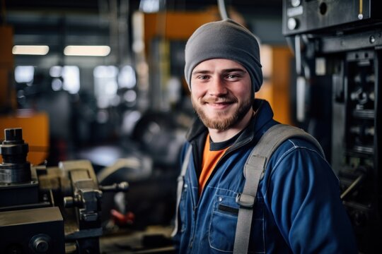 A skilled worker posing in front of a large industrial machine