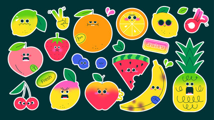 Summer fruits, cute and funny designs in vector illustration. Comic character of orange, apple, lemon, watermelon, banana, blueberry, and others... Juicy and fresh sticker pack