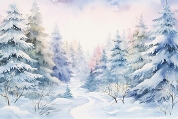 Fototapeta premium fairytale christmas forest in a watercolor scene, new year landscape