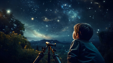 A child gazing through a telescope pointed at a starry night sky. - obrazy, fototapety, plakaty