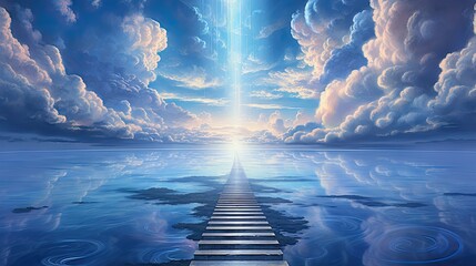  a painting of a stairway leading to a bright light in the sky.  generative ai - obrazy, fototapety, plakaty