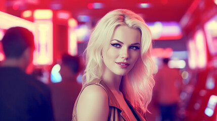 smiling young blonde woman in casino with slot machines, enjoying a fun night out with others