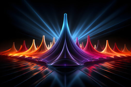 Neon vector depiction of the sound barrier breaking, dark background, intricate detail