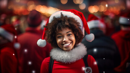 Young black woman in Santa hat and red jacket smiles in a festive crowd, spreading joy and holiday...