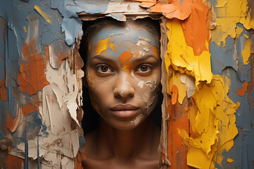 A woman's painted face is seen through a hole in a multicolored wall.