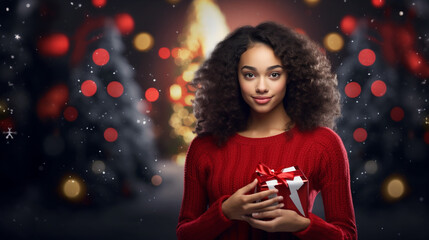 Young African American woman in red sweater holds gift in festive scene with Christmas lights and tree, exuding happiness.