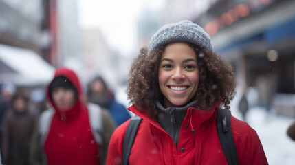 Young African-American woman in red jacket and grey hat smiles, walks snowy city street with a crowd, embracing winter's charm.