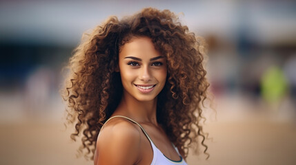 Young woman with curly hair smiles at beach, surrounded by lively activity, exuding happiness and joy.