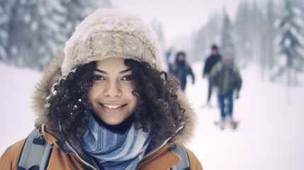 Fototapeta premium Young african-american woman in brown coat and blue scarf enjoys snowy day with others, radiating warmth and joy in a wintry setting