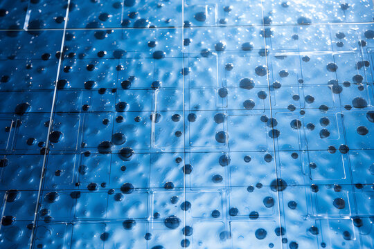 A close-up of a blue photovoltaic solar cell intricate patterns visible.