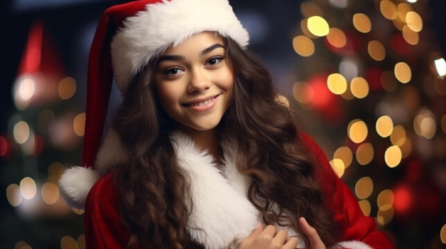 Young woman in Santa Claus hat, Hispanic descent, radiates joy at festive environment with Christmas lights.