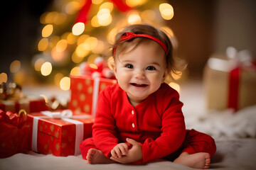 Cute happy baby girl dressed in red with Christmas tree and gifts