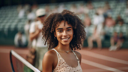 tennis, Young African-American woman smiles on a tennis court with a racket, enjoying an active and fun outdoor game. - obrazy, fototapety, plakaty