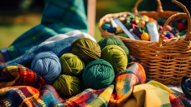A close-up of someone knitting a green scarf with a basket full of colorful yarn balls beside them.