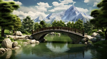 Fototapeta na wymiar a painting of a bridge over a river with a mountain in the background. generative ai