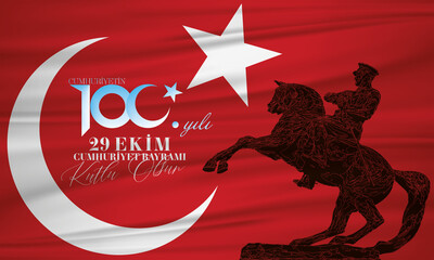 Ankara Turkey-29 October 1923. Translation:100th anniversary of the Republic-29 October Turkish Republic Day, Happy Celebration illustration (Turkish: 29 Ekim Cumhuriyet Bayramı Kutlu Olsun)