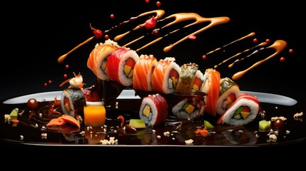  a plate of sushi rolls with sauces on them.  generative ai