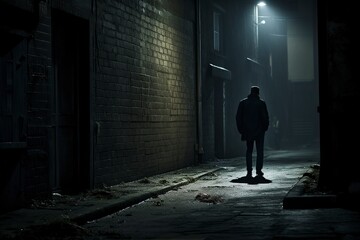 suspicious man in a dark alley waiting for something - obrazy, fototapety, plakaty
