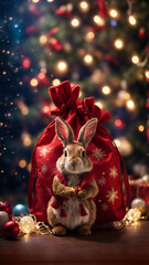 Hare with a big red bag of New Year's gifts. Generative AI.