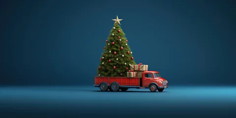 Deurstickers Old truck arriving with fresh Christmas tree on dark blue background with copy space © britaseifert