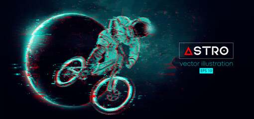 Abstract silhouette of a mtb rider, astronaut is doing a trick, on sport bicycle in space action and Earth, Mars, planets on the background of the space. Mountain cycling sport transport. Vector © Yevheniia