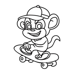 Monkey rides on a skateboard waving line art