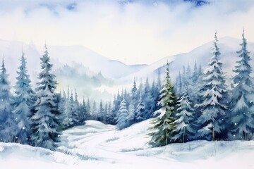 Fototapeta na wymiar Mountains, christmas winter forests in a watercolor scene, new year landscape