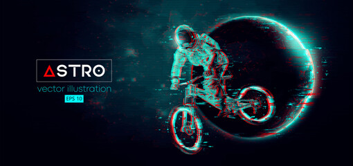 Abstract silhouette of a mtb rider, astronaut is doing a trick, on sport bicycle in space action and Earth, Mars, planets on the background of the space. Mountain cycling sport transport. Vector © Yevheniia